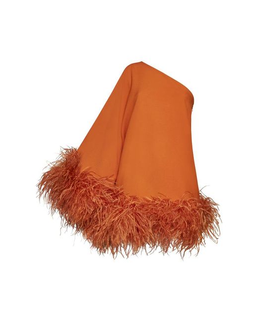 ‎Taller Marmo Orange Piccolo Ubud One-Shoulder Feather-Trimmed Crepe Mini Dress