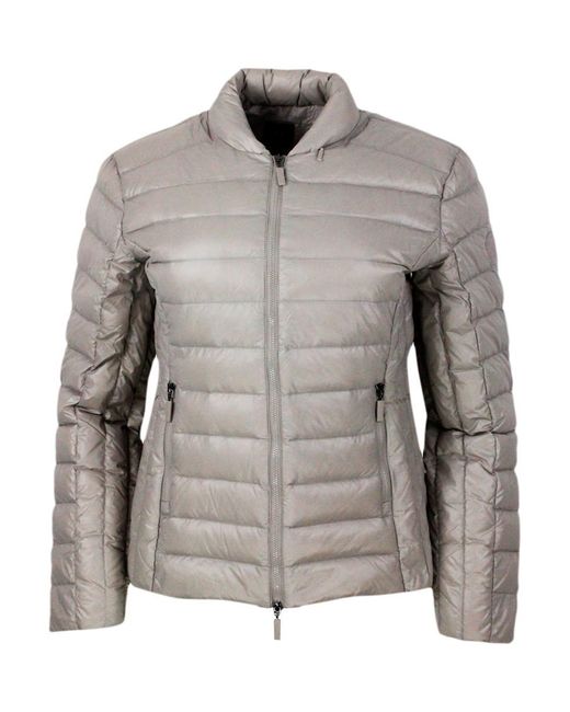 Armani Exchange Gray Lightweight 100 Gram Slim Down Jacket With Integrated Concealed Hood And Zip Closure