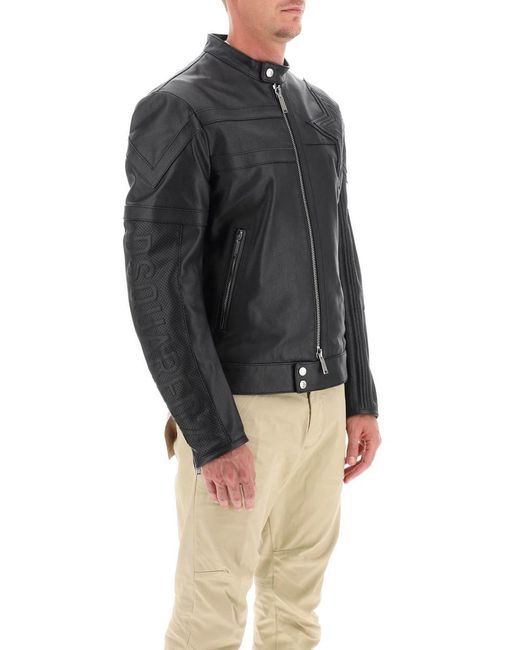 DSquared² Black Leather Biker Jacket With Contrasting Lettering for men