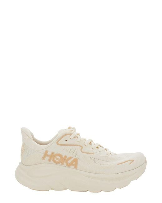 Hoka One One White 'Clifton 10' Low Top Sneakers With Oversize Sole And Logo Lettering On The Side