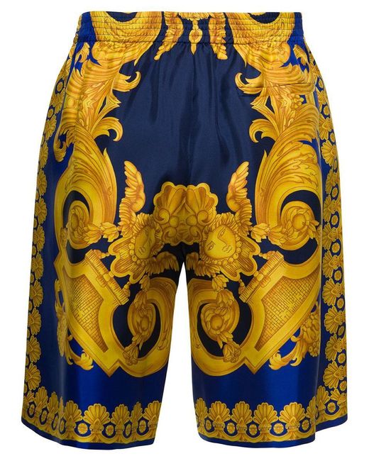 Versace Blue And Gold Shorts With All-over Barrocco Print In Silk Man ...
