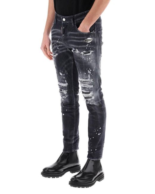 DSquared² Blue Skater Jeans In Black Diamond&studs Wash for men