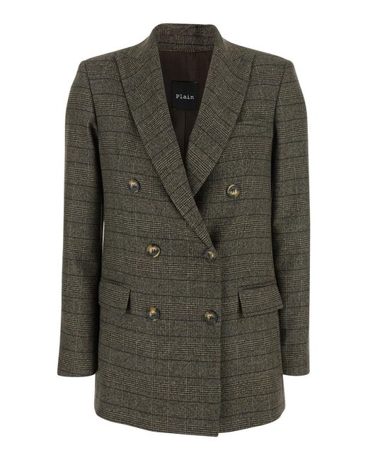 Plain Green Double-Breasted Jacket With Peak Revers And All-Over Striped Motif