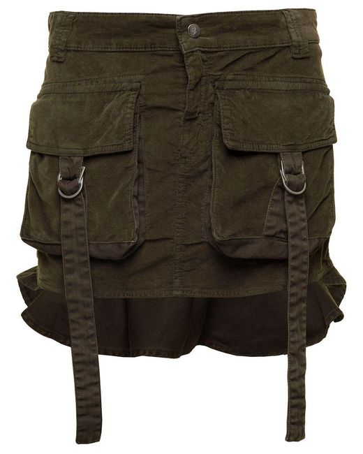 Blumarine Green Military Cargo Mini-Skirt With Rear Frill