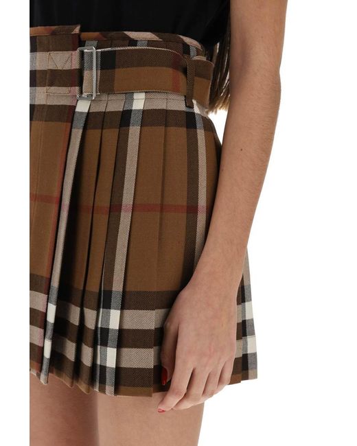 Burberry Brown exaggerated Check Pleated Wool Mini Skirt