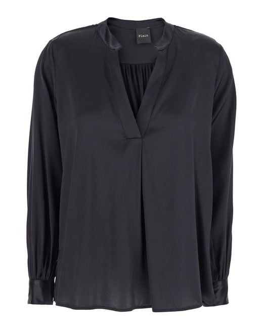 Plain Black Blouse With V Neck And Buttoned Cuffs