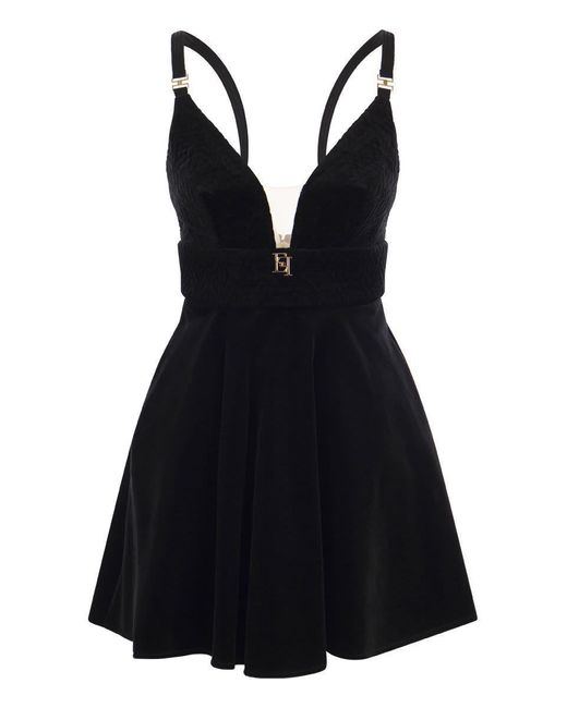 Elisabetta Franchi Black Mini Dress In Velvet With Cups