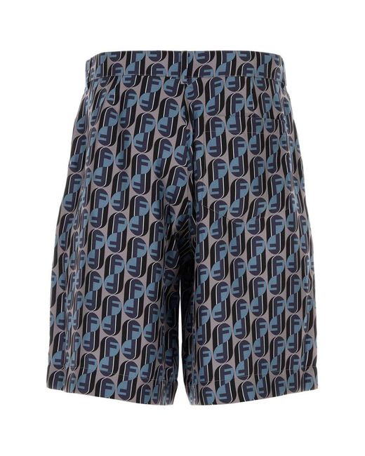 Fendi Blue Printed Silk Bermuda Shorts for men