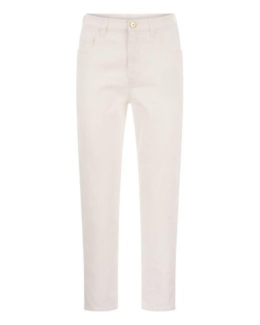 Brunello Cucinelli White Baggy Trousers In Garment-dyed Comfort Denim With Shiny Tab