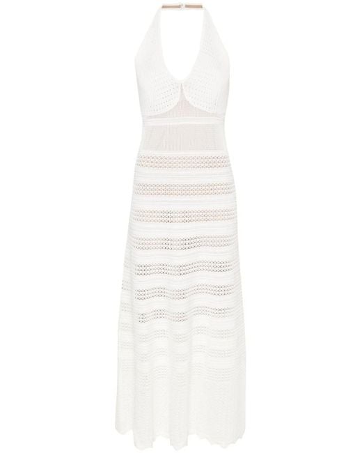 Twin Set White Crochet Viscose Midi Dress With Halter Neckline
