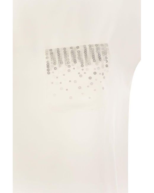 Peserico White Crepe De Chine Top With Sequin Pocket