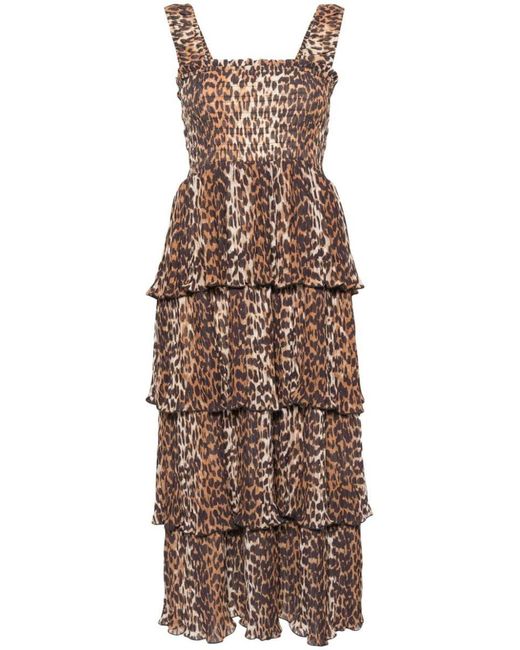 Ganni Brown Leopard Print Midi Dress