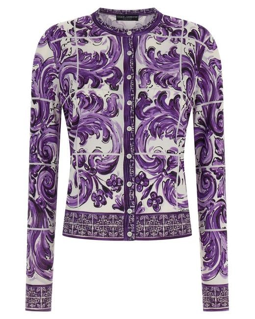 Dolce & Gabbana Purple Majolica Print Cardigan Sweaters And Cardigans