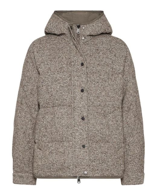 Brunello Cucinelli Gray Chevron Down Jacket With Hoodie
