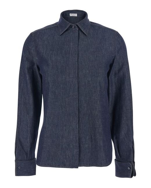 Brunello Cucinelli Blue Shirt With Point Collar And Hidden Closure