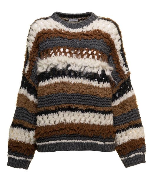 Womens Jumpers and knitwear Brunello Cucinelli Jumpers and knitwear - Save 25% White Brunello Cucinelli Wool Sequin-embellished Ribbed-knit Jumper in White,Brown 