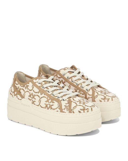 Pinko Natural And Platform Sneakers With Love Birds Monogram
