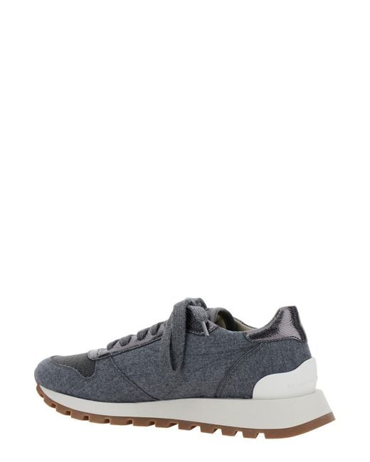 Brunello Cucinelli Gray Grey Low Top Sneakers With Monil Detail On The Side And Embossed Logo Lettering On The Rear In Fabric Woman