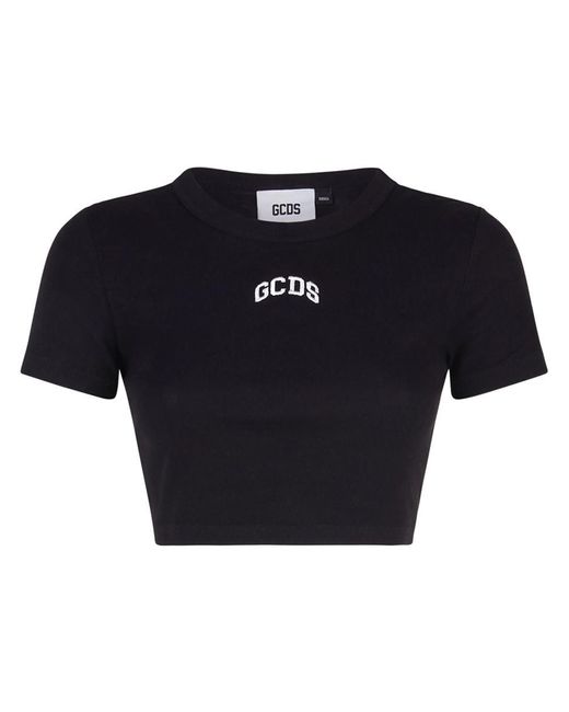 Gcds Blue Cropped T-Shirt With Embroidered Logo