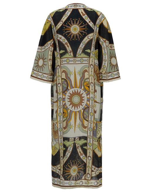 Tory Burch Green Multicolor Kaftan With All-over Graphic Print In Linen Woman