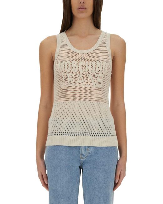 Moschino Blue Slim-Fit Mesh Top With Distinctive Logo Design
