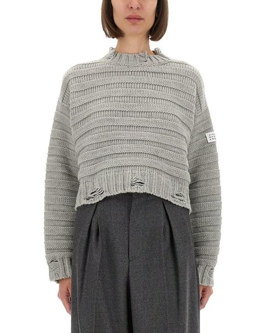 MM6 by Maison Margiela Gray Cropped Textured Knit Pullover With Distressed Hem