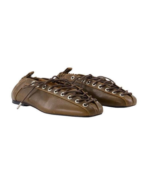 Ganni Brown Eyelets Lace Up Crinkle Ballerinas
