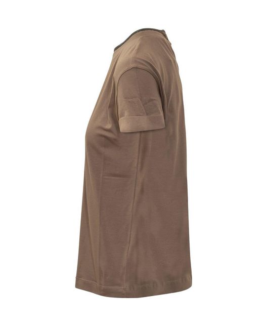Brunello Cucinelli Brown T-Shirt With Shiny Detail On The Neck