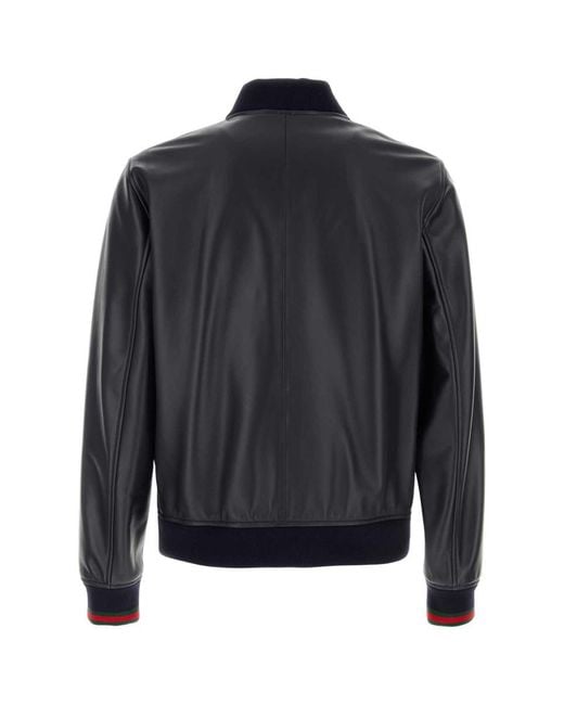 Gucci Blue Leather Jacket Witth Web Details for men