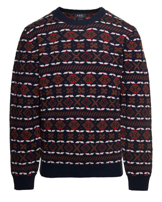 A.P.C. Blue 'john' Multicolor Crewneck Sweater With Intarsia Knit In Wool Man for men