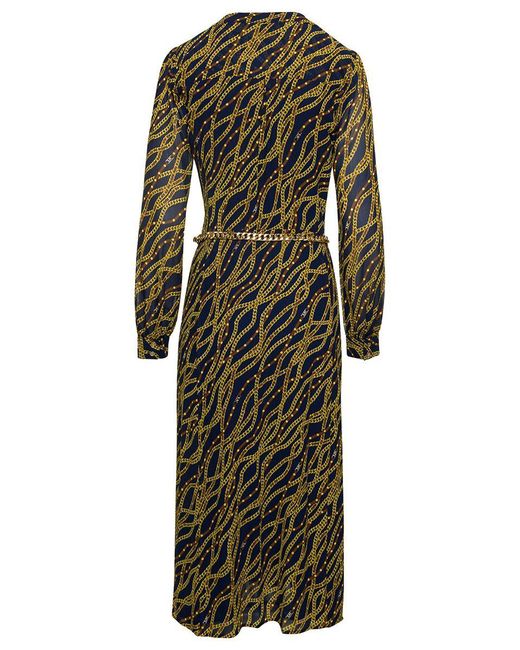 Michael Kors Green Black And Gold-tone Midi Shirt Dess With Chain Print All-over In Polyester Woman