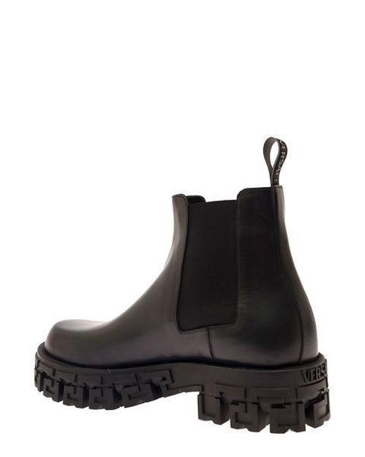 Versace Black Chelsea Boots With Greca Platform In Smooth Leather for men