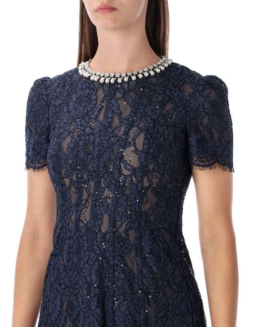 Self-Portrait Blue Lace Midi Dress With Pearl And Crystal Embellished Collar