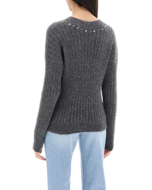 Alessandra Rich Gray Wool Knit Sweater With Studs And Crystals
