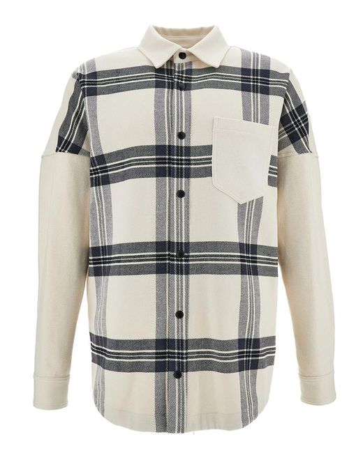 Palm Angels Gray Black And White Overshirt With Check And Logo Print In Cotton Man for men