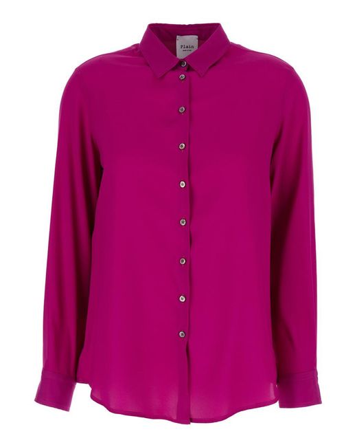 Plain Pink Fuchsia Relaxed Shirt With Mother-of-pearl Buttons In Satin Woman