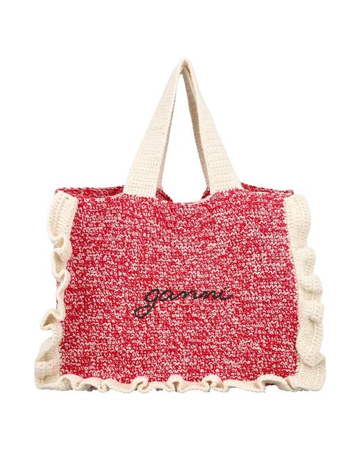 Ganni Red Crochet Frill Tote Solid Bag