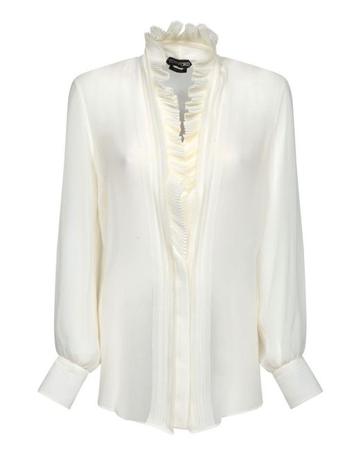 Tom Ford White Silk Georgette Shirt With High Ruffled Collar
