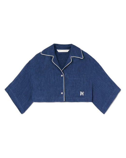 Palm Angels Blue Monogram-embroidered Satin Cropped Shirt