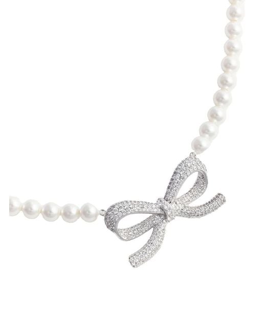 Self-Portrait White Metallic Faux-Pearls Necklace With Crystal Embellishments And Bow Charm