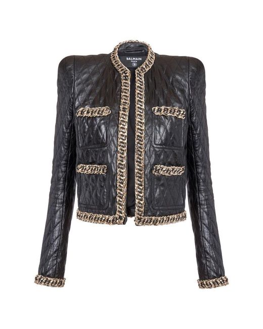 Balmain Black Quilted Chain Leather Jacket