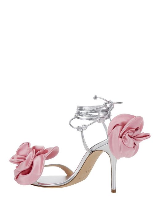 Magda Butrym Pink Silver Strappy Sandals With 3d Flower In Silk Blend Woman