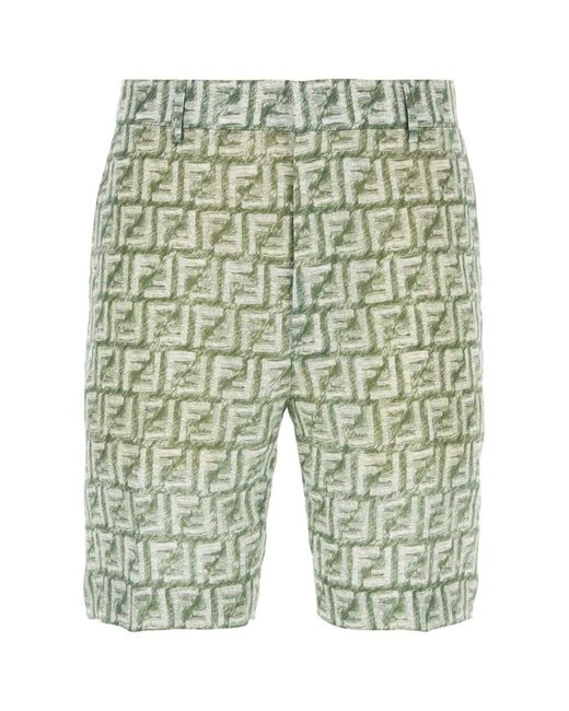 Fendi Green Printed Linen Bermuda Shorts for men