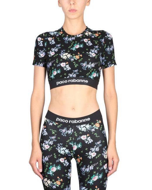 Rabanne Black Cropped Top With Floral Pattern