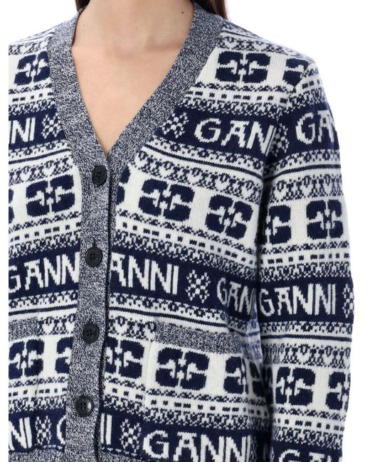 Ganni Gray Logo-intarsia Wool-blend Cardigan