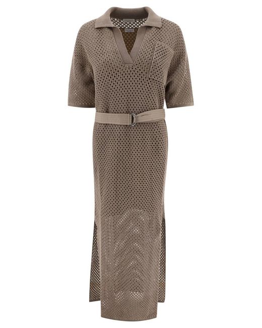 Brunello Cucinelli Gray Net Knit Dress With Belt