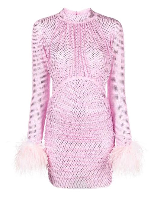 Self-Portrait Pink Mesh Dress With Rhinestones And Feather Details