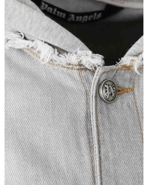Palm Angels Gray Hooded Denim Jacket for men