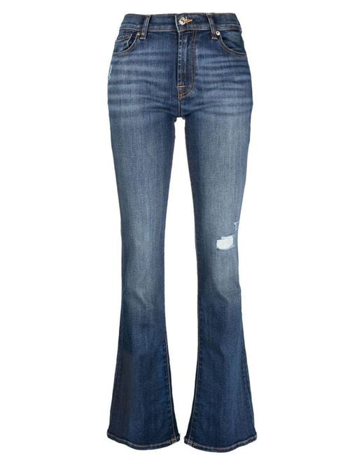 7 For All Mankind Blue Mid-rise Straight-leg Ripped Jeans