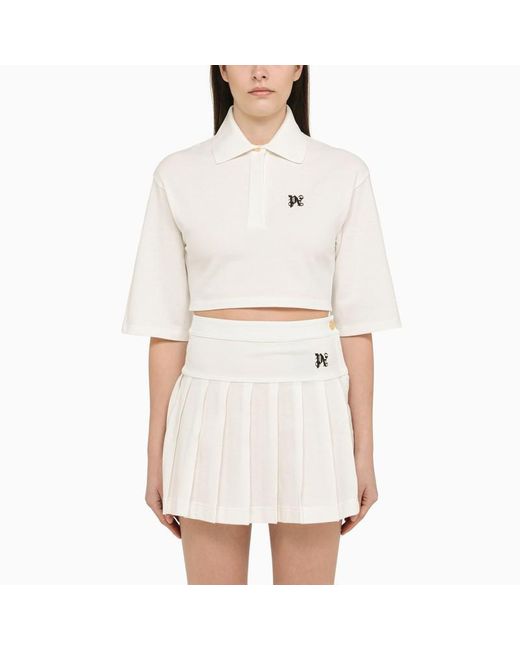 Palm Angels White Cotton Cropped Polo Shirt With Logo